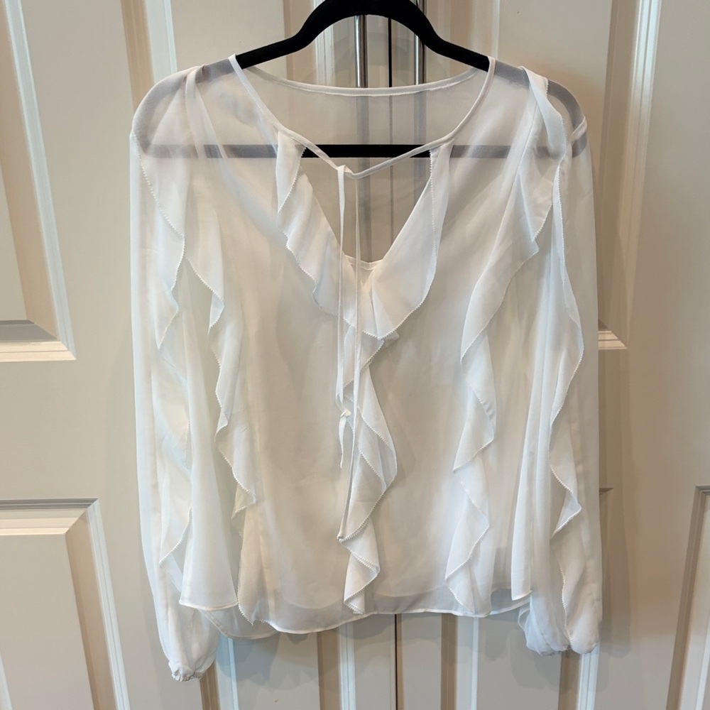 White House Black Market Sheer White Ruffle Tie Blouse